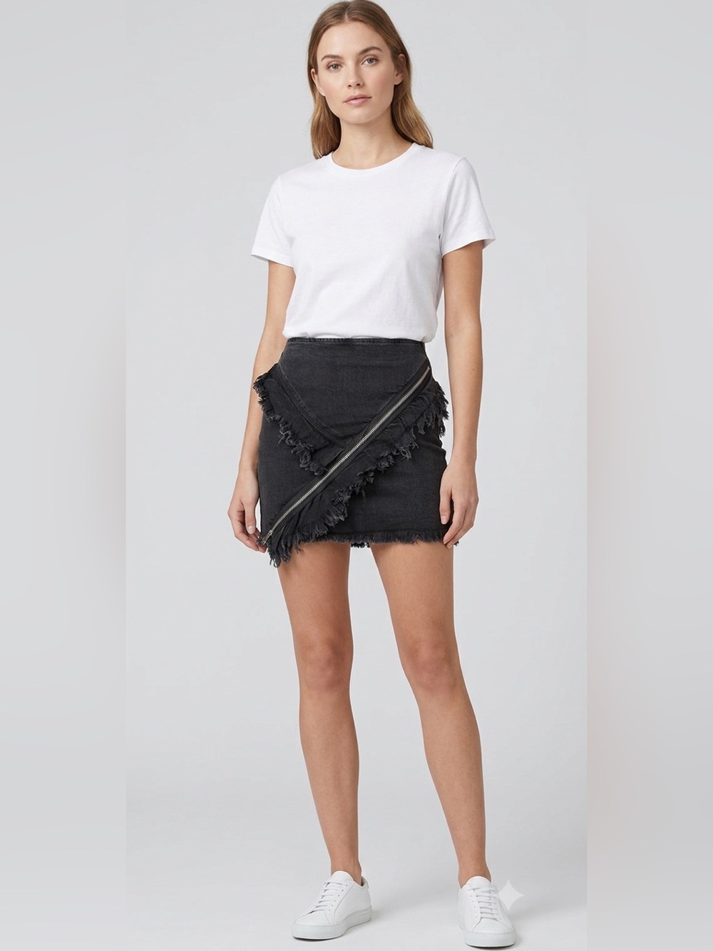 NWT Signature 8 black denim mini skirt , diagonal zipper, raw-edge fringe sz XL